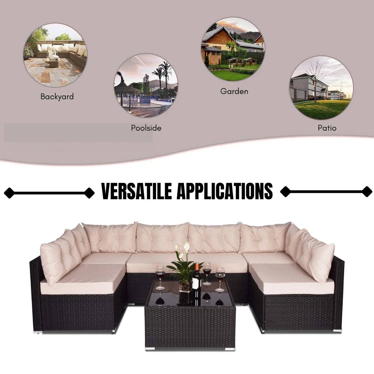 Odessa 6-Seater Outdoor Garden Conversation Sofa Set (Dark Brown & Cream)