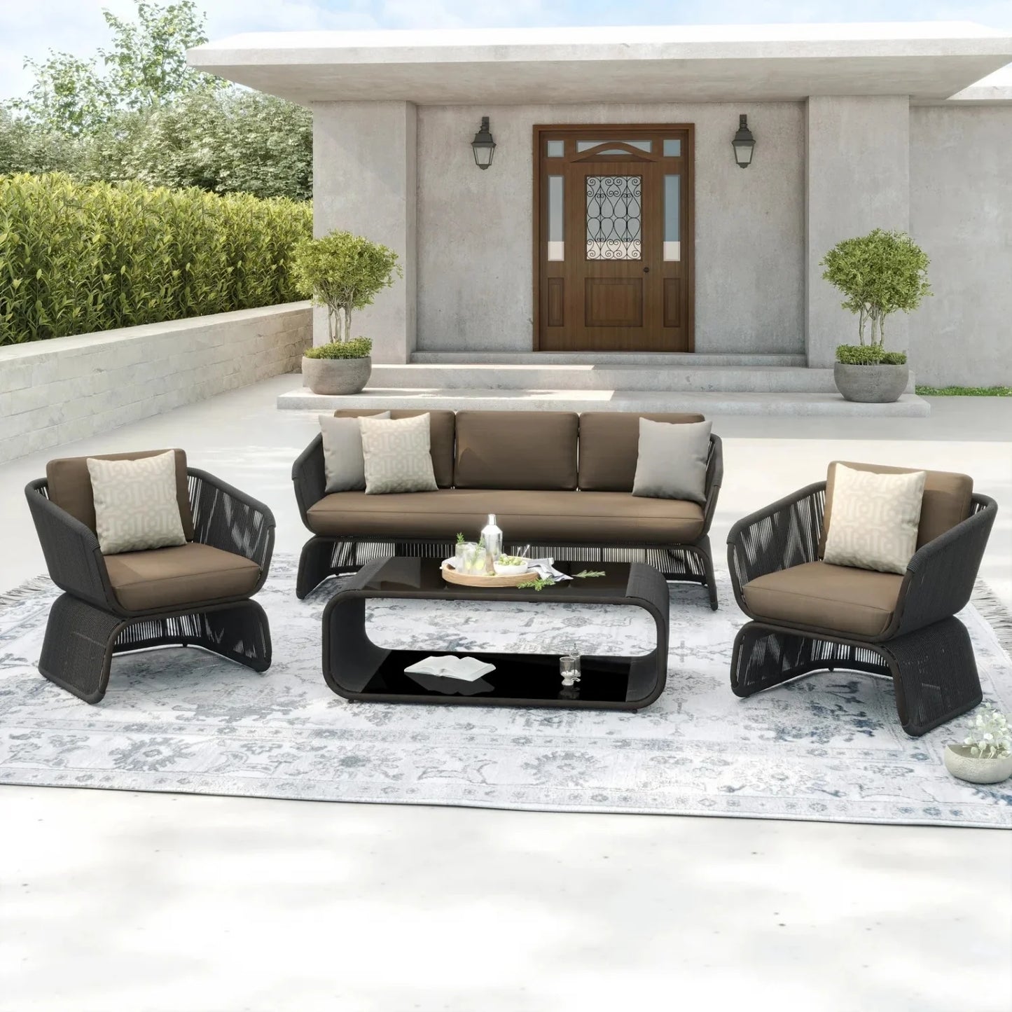Yumna Outdoor Braided Rope Sofa Set With 2-Tier Glass Top Table