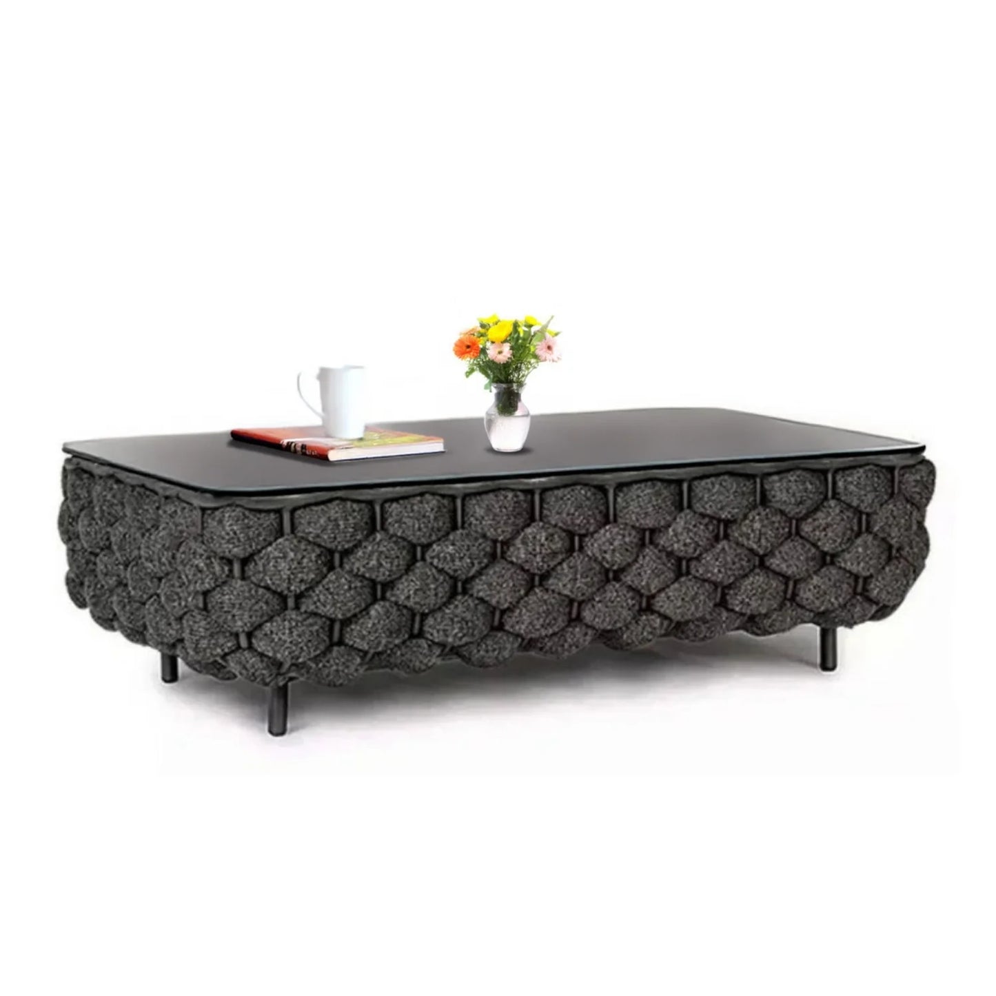 Camila 4 Piece Outdoor Rope Sofa Set with Glass Top Coffee Table (Black)