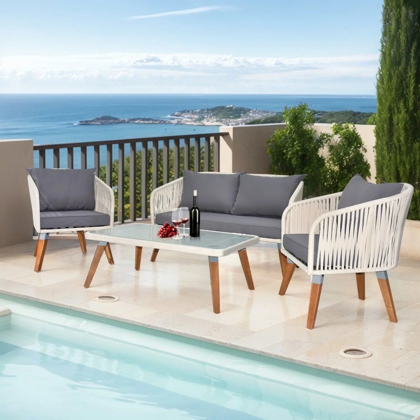 Vada Outdoor Rope 4-Piece Sofa Set (White & Grey)