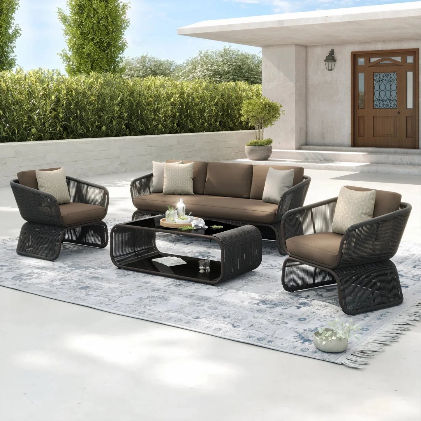 Yumna Outdoor Braided Rope Sofa Set With 2-Tier Glass Top Table