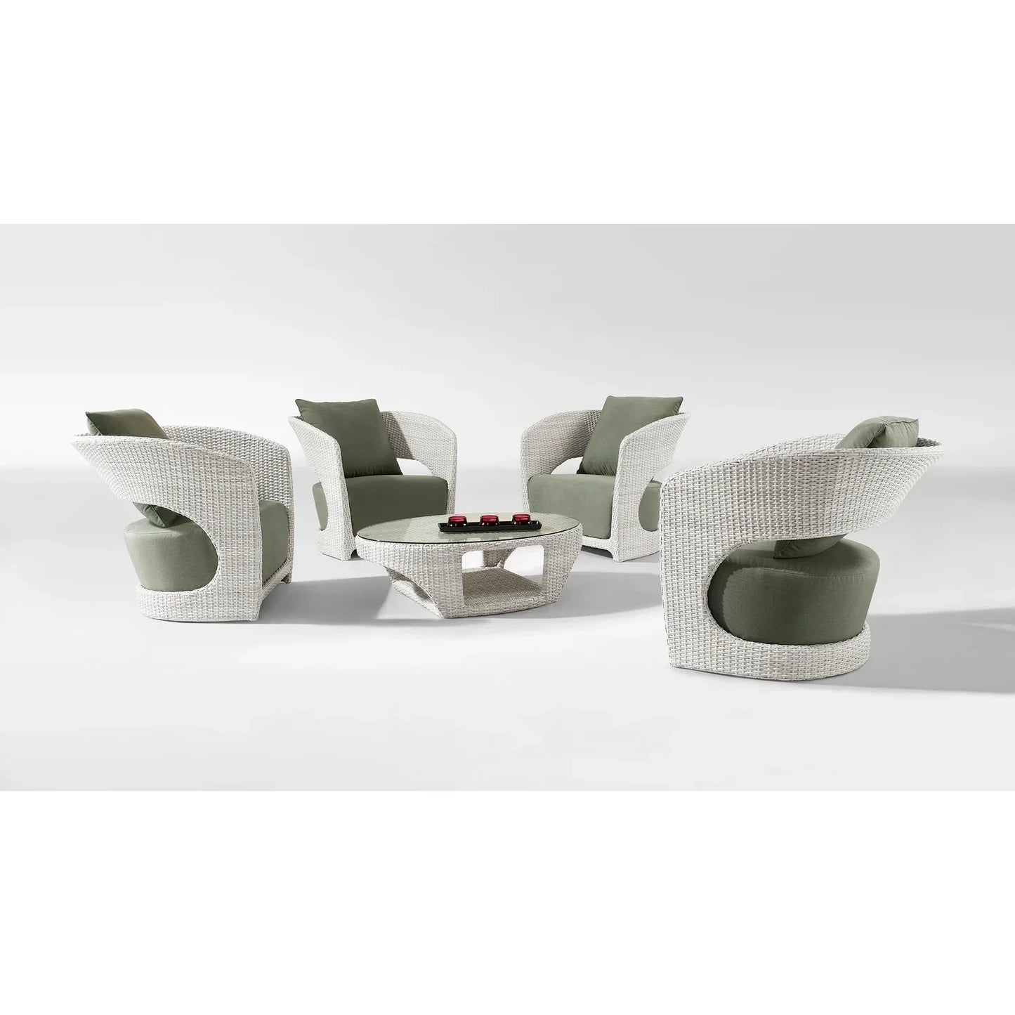 Outdoor White Rattan Wicker Sofa Chairs With Glass Top Table