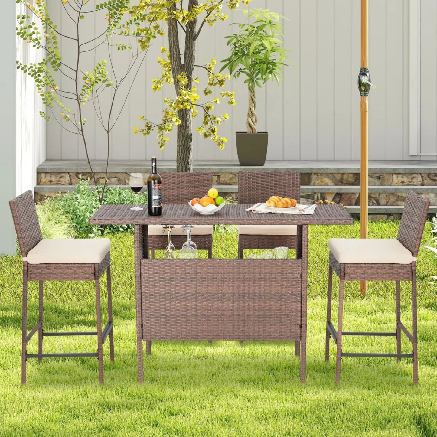 Sayaka 5-Piece Outdoor Rattan Wicker Bar Set with Wicker Top Table