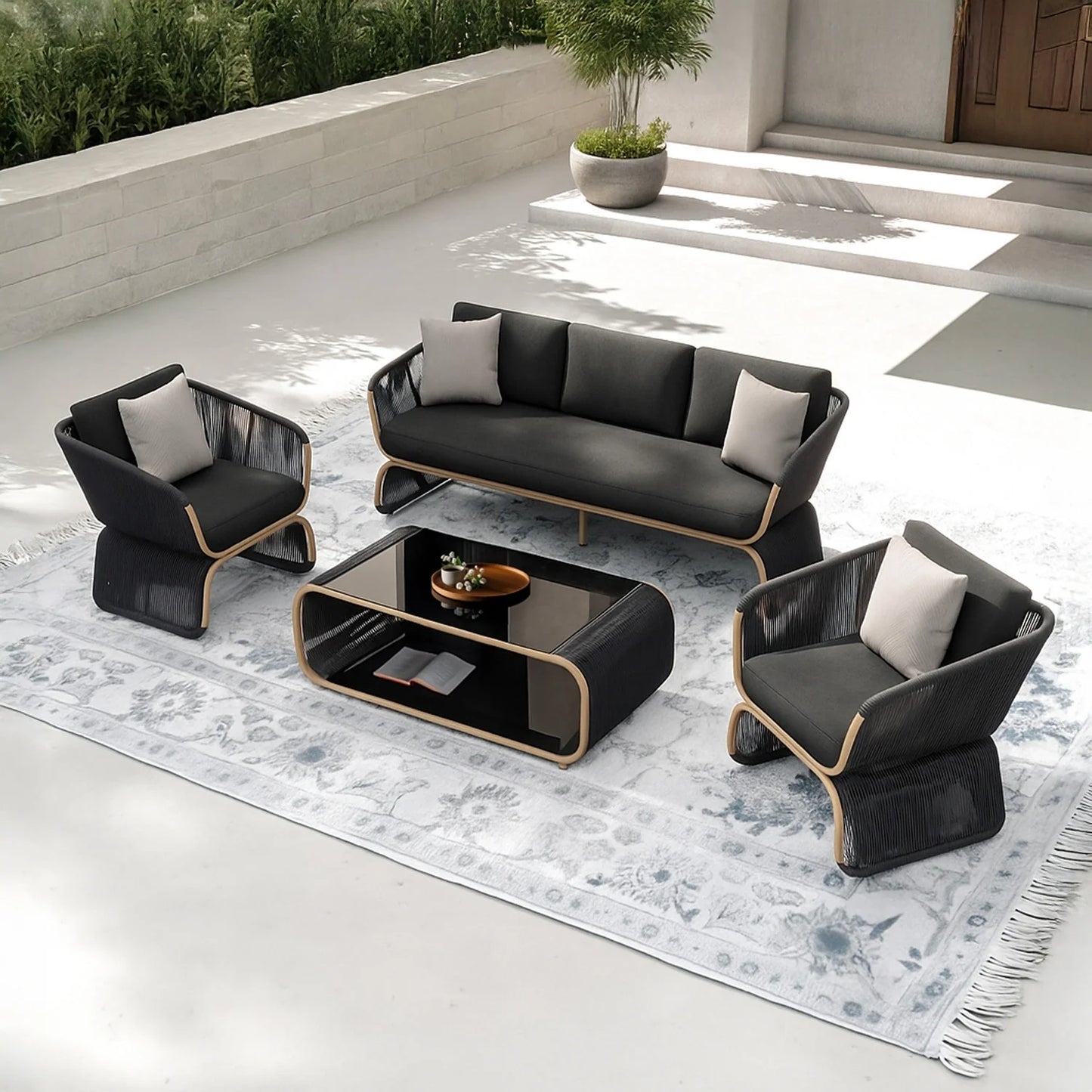 Taima Outdoor Braided Rope Sofa Set With 2-Tier Glass Top Table