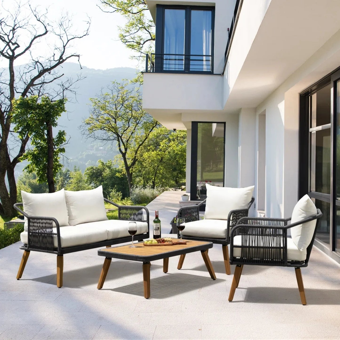 Adriana 4-Piece Outdoor Rope Patio Furniture Set with Wood-Top Table