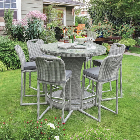 Thandi 7-Piece Outdoor Rattan Wicker Bar Set with Round Glass Top Table