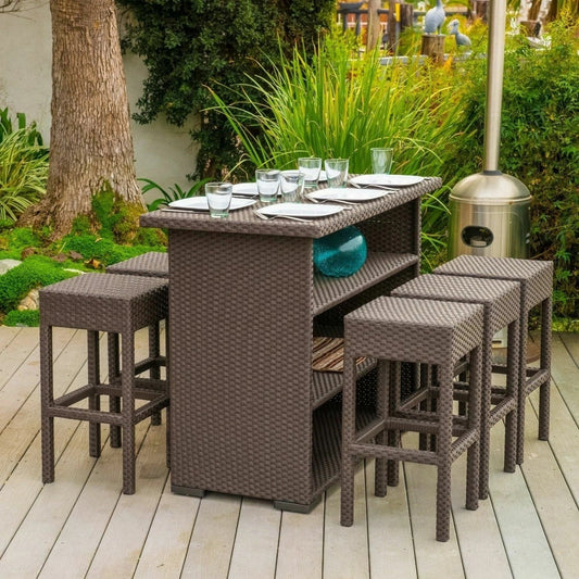 Niharika 7-Piece Outdoor Rattan Wicker Bar Set with Wicker Top Table