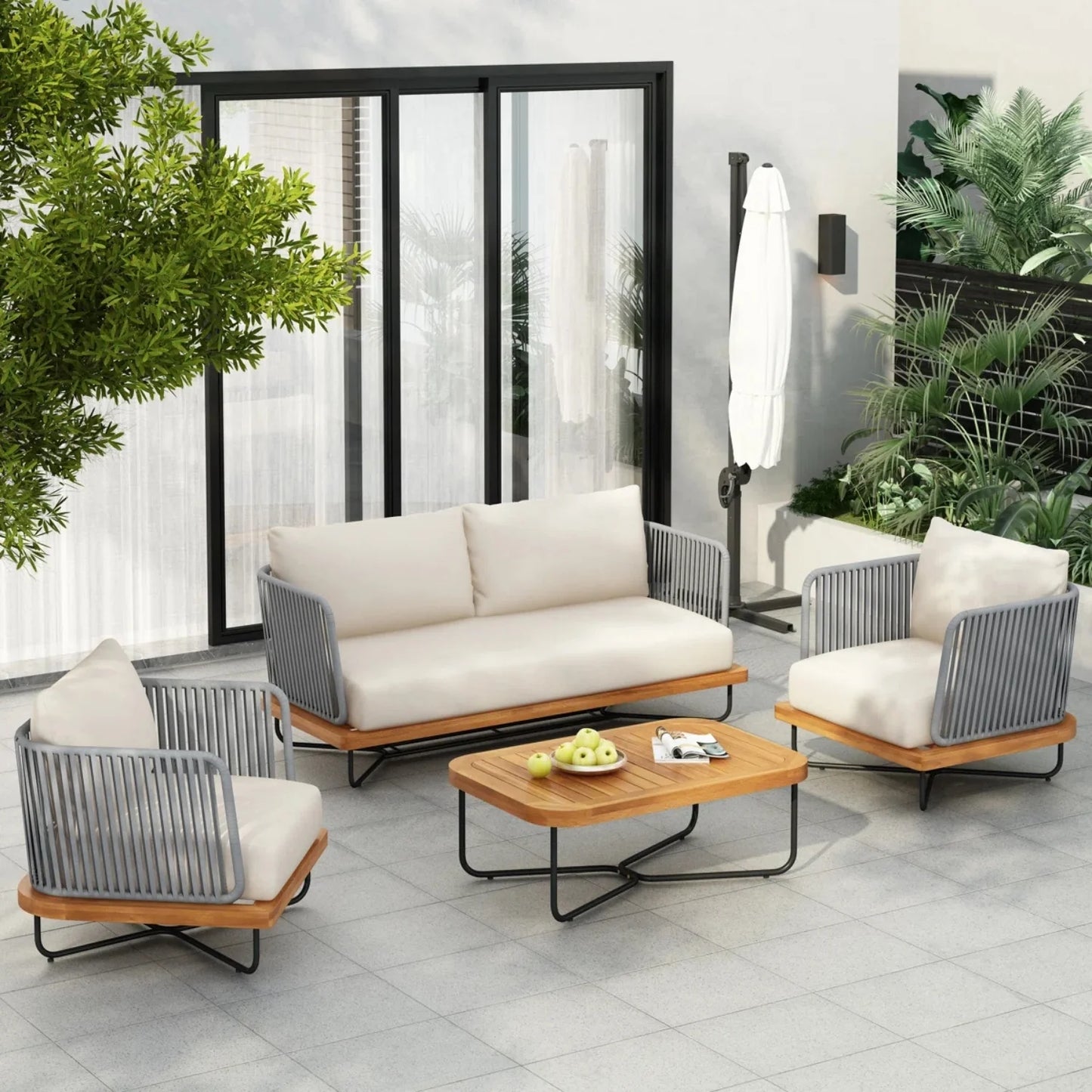 Vibhuti Outdoor 4-Piece Rope Woven Conversation Sofa Set with Wooden Top Table