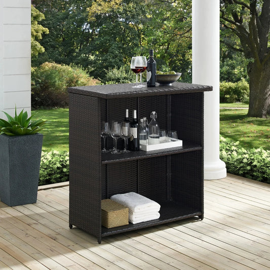 Olalla Outdoor Rattan Wicker Bar Table With Storage Selves