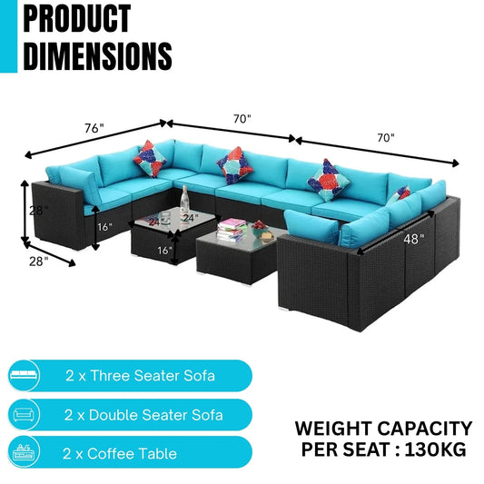 Meili 6-Piece Outdoor Wicker Sofa Set (Black/Sky-Blue)