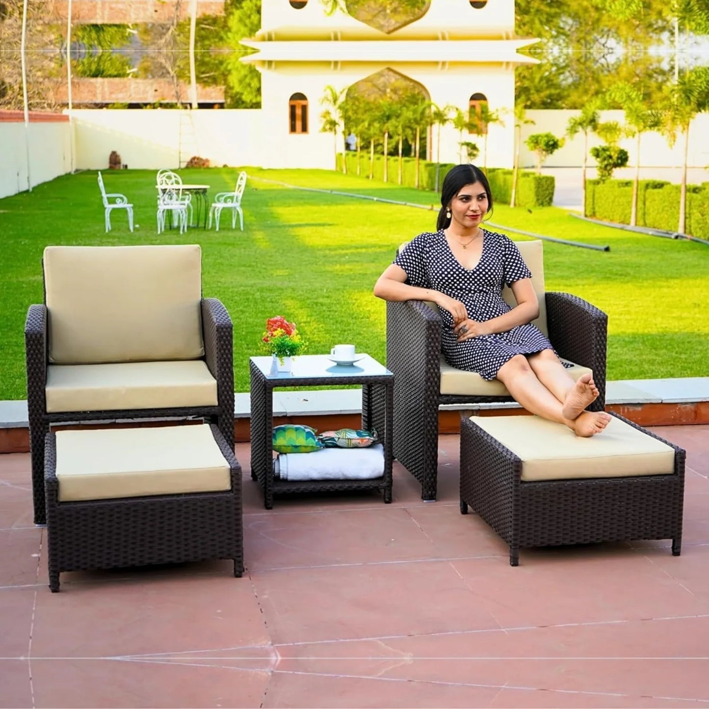 Zeenat Outdoor 5 Piece Patio Wicker All Weather Sectional Furniture Set