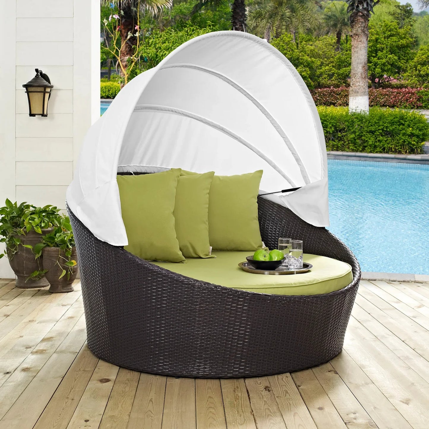 Titilayo Outdoor Rattan Wicker Patio Daybed with Retractable Canopy