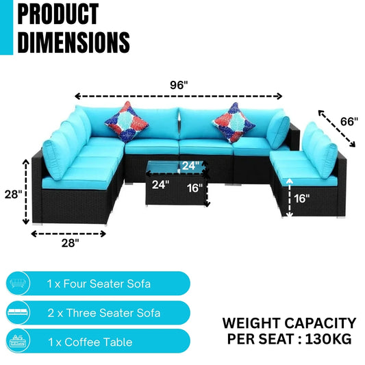 Warda Outdoor Garden Conversation Sofa Set (Black/Sky-Blue)