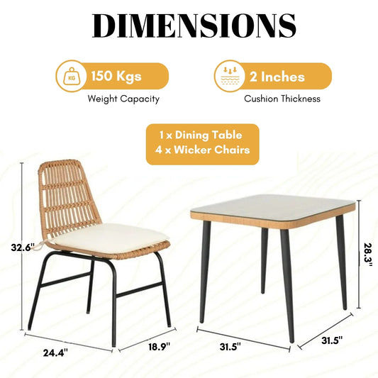 Macarena 5-Piece Outdoor Patio Dining Set With Rattan Chairs & Glass-Top Table