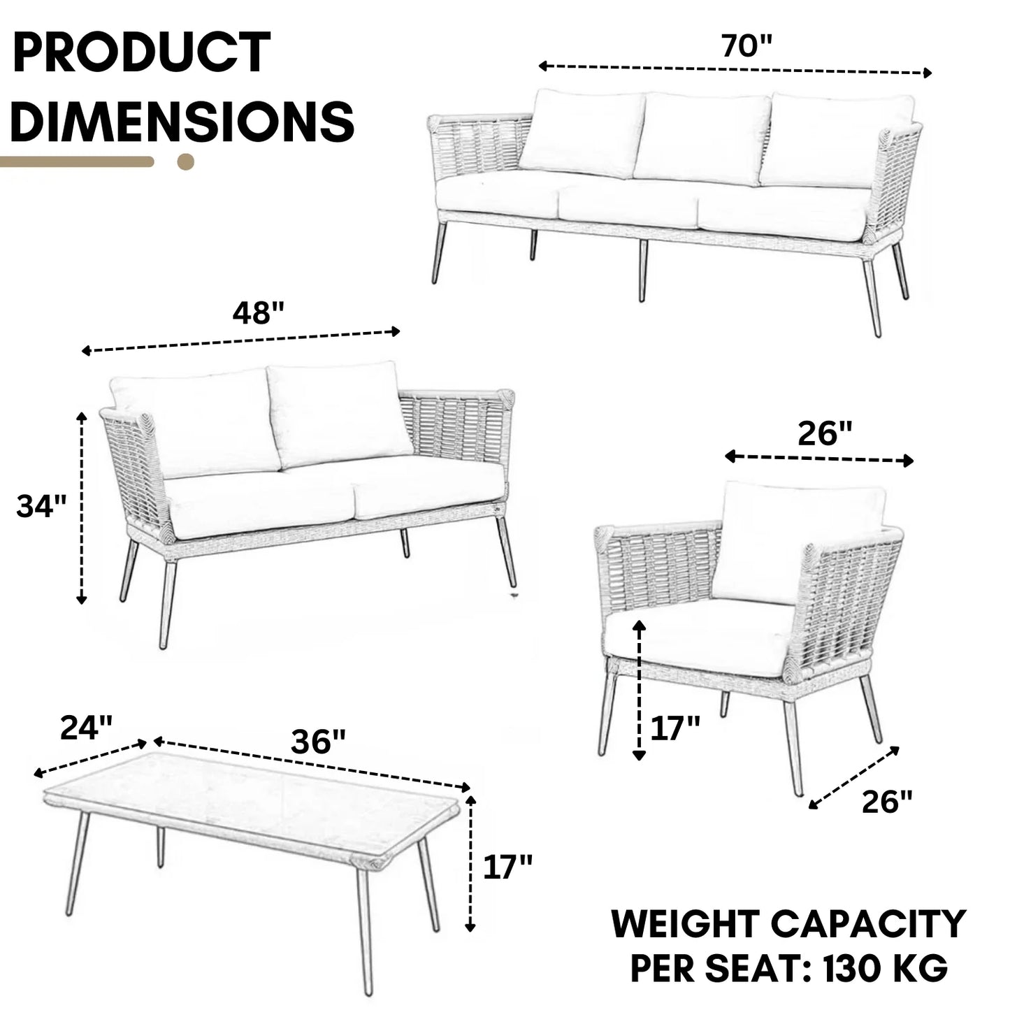 Noura Outdoor Beige Rope 7-Seater Sofa Set With Glass Top Table
