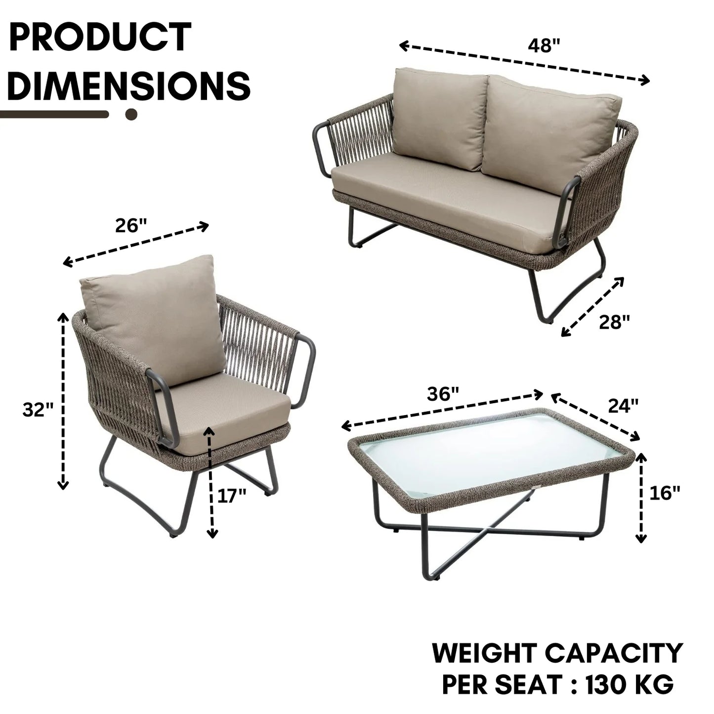 Valeria 4-Piece Rope Sofa Set With Glass Top Table