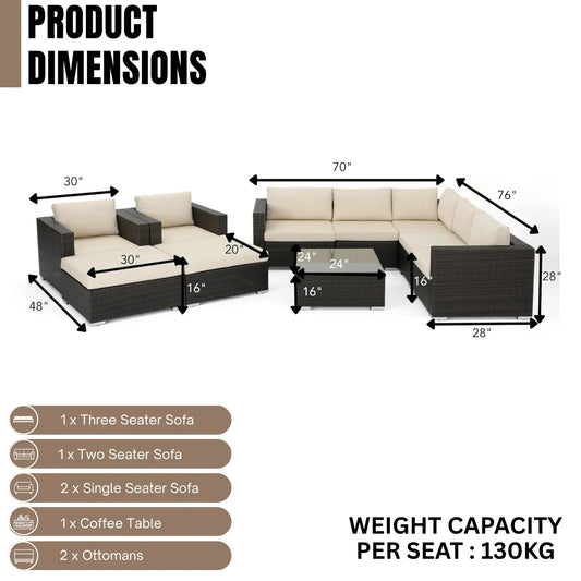 Violeta 7-Piece Rattan Sectional Sofa Set (Dark Brown/Cream)
