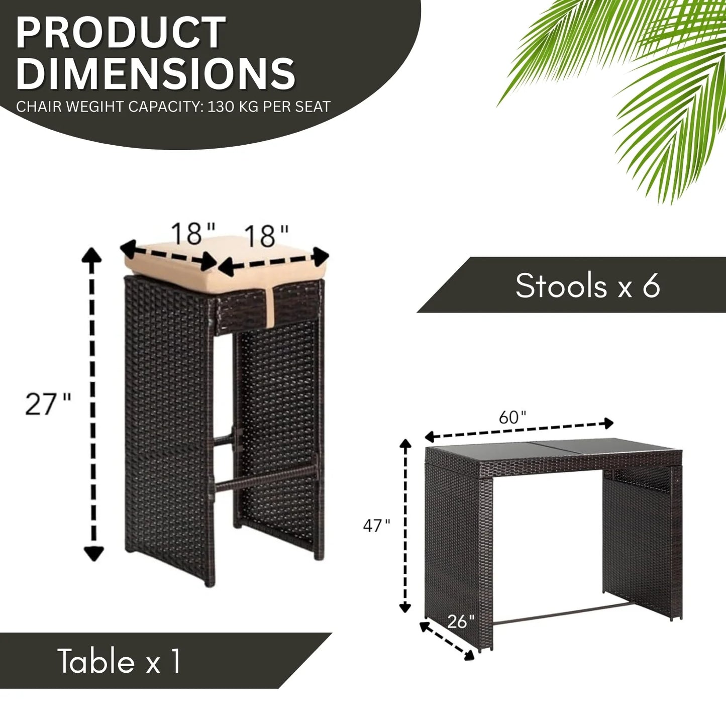 Ayana 7-Piece Outdoor Rattan Wicker Bar Set with Glass Top Table