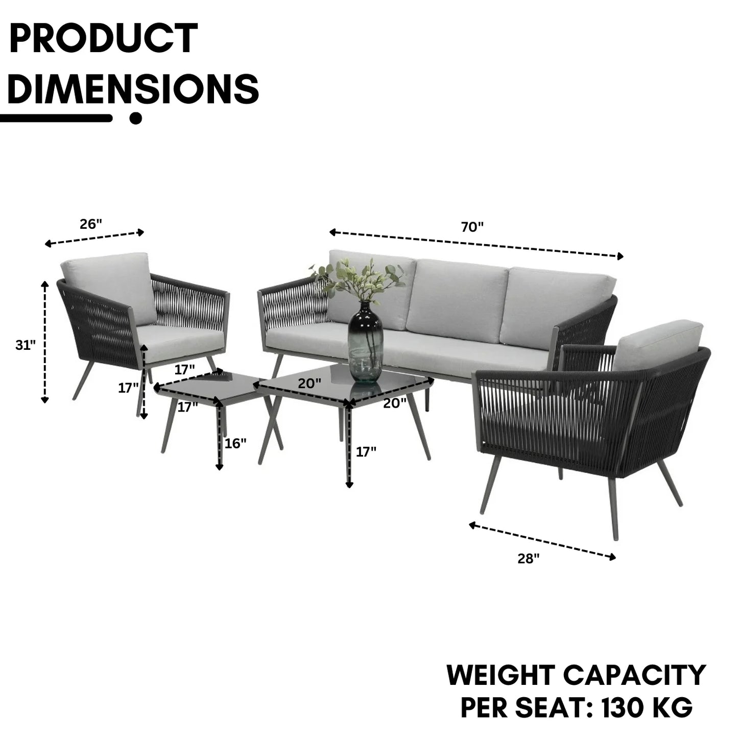 Teresa 5-Seater Outdoor Rope Patio Sofa Set with Glass Top Tables (Black & Grey)