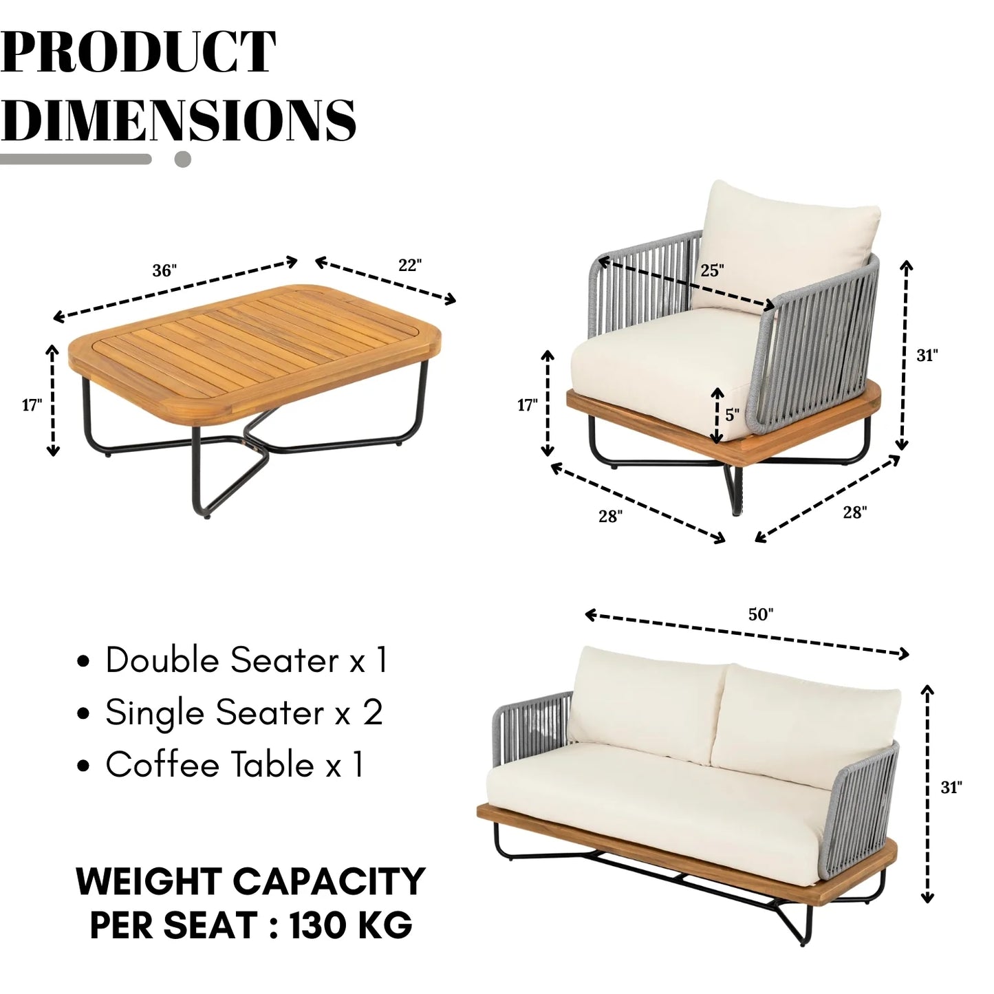 Vibhuti Outdoor 4-Piece Rope Woven Conversation Sofa Set with Wooden Top Table