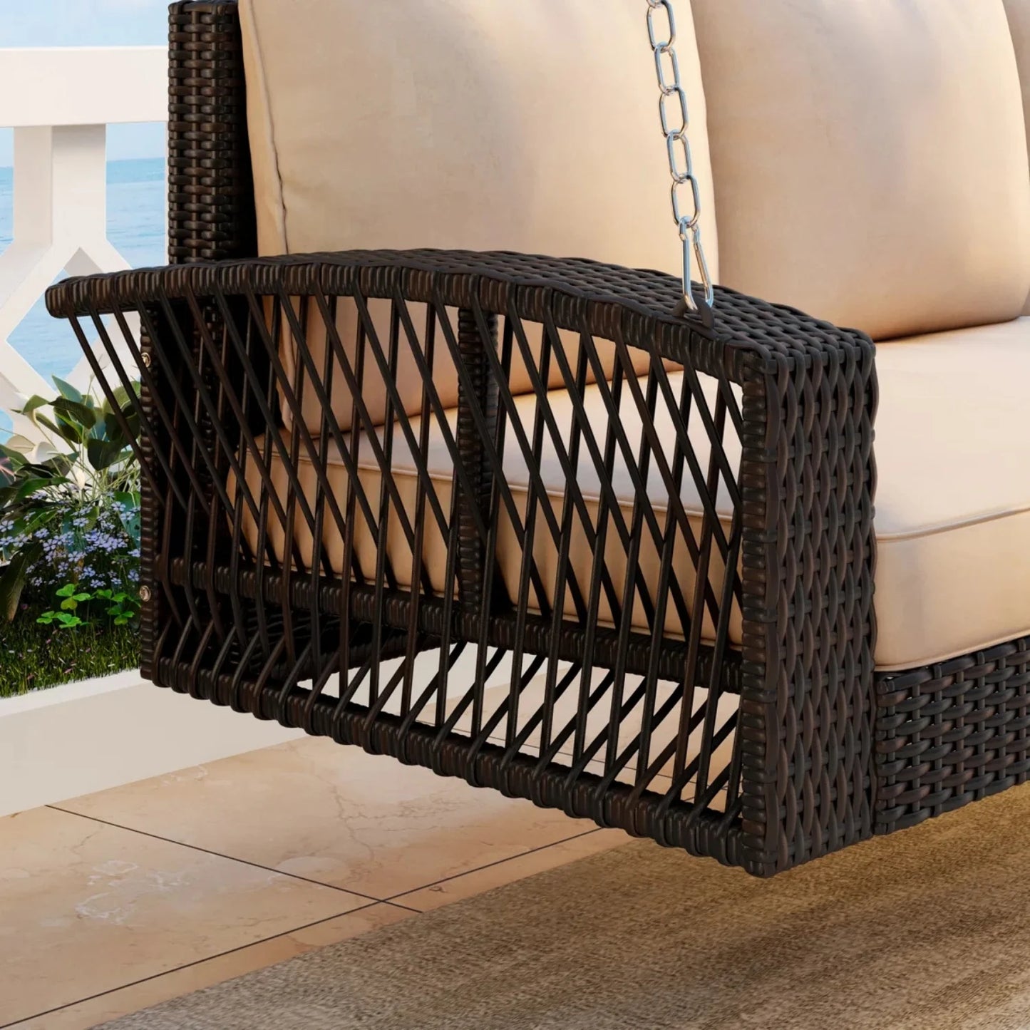 Hortense Outdoor Large HDPE Wicker 3-Person Porch Swing