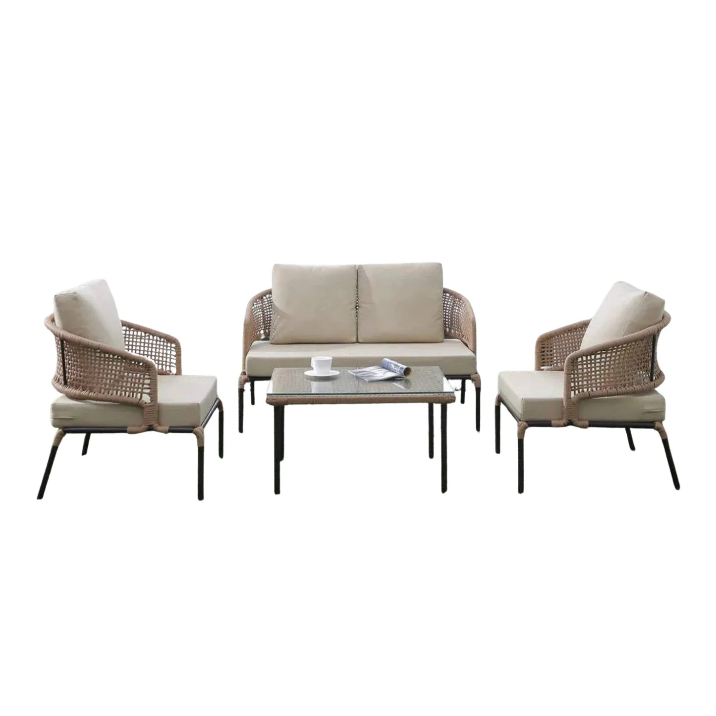 Amaya All-Weather Patio Rope Sofa Set with Glass Top Coffee Table