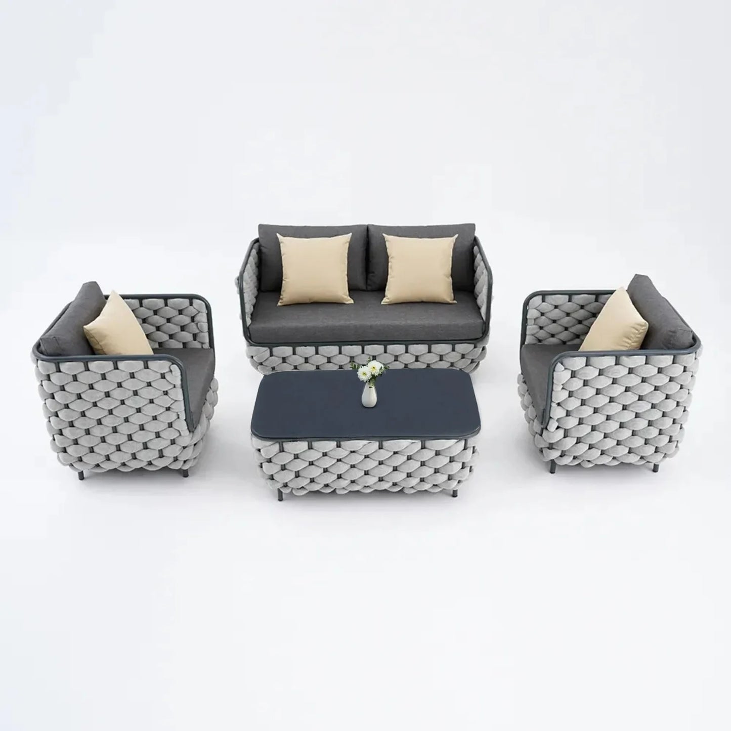 Rina 4 Piece Outdoor Rope Sofa Set with Glass Top Coffee Table (Light Grey & Dark Grey)