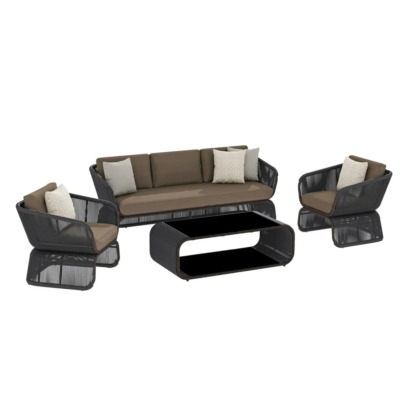 Yumna Outdoor Braided Rope Sofa Set With 2-Tier Glass Top Table