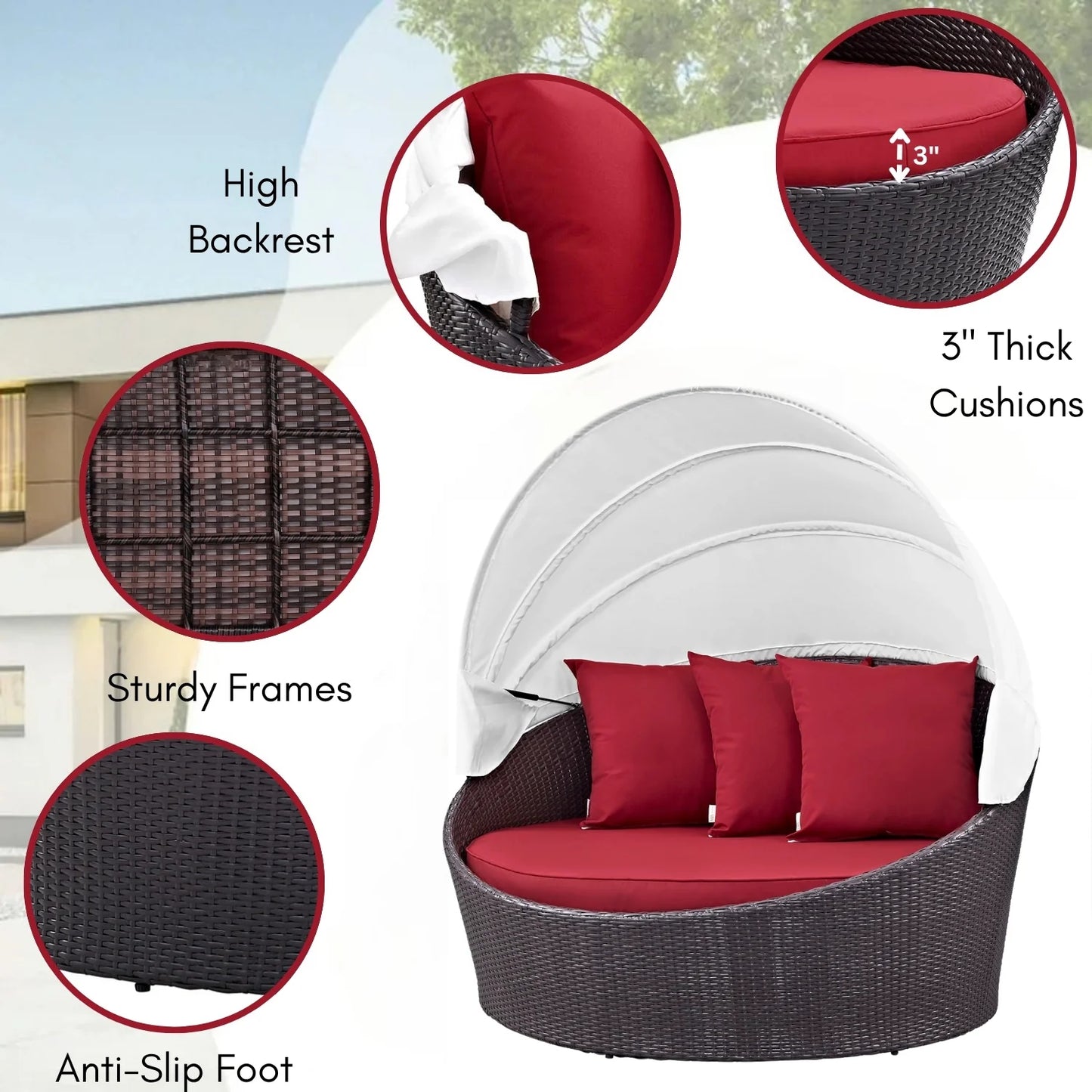 Zikora Outdoor Rattan Wicker Patio Daybed with Retractable Canopy