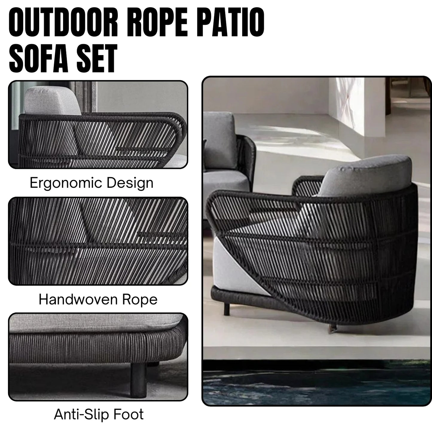Laken Outdoor Rope 4 Seater Sofa Set With Glass Top Tables