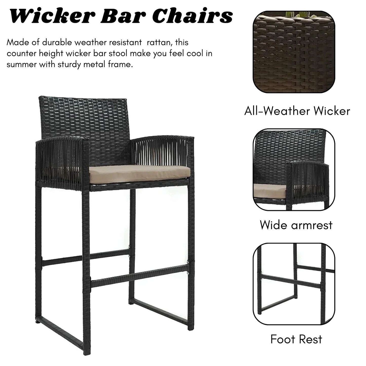 Zenobia Outdoor Rattan Wicker 2-Piece Bar Chairs