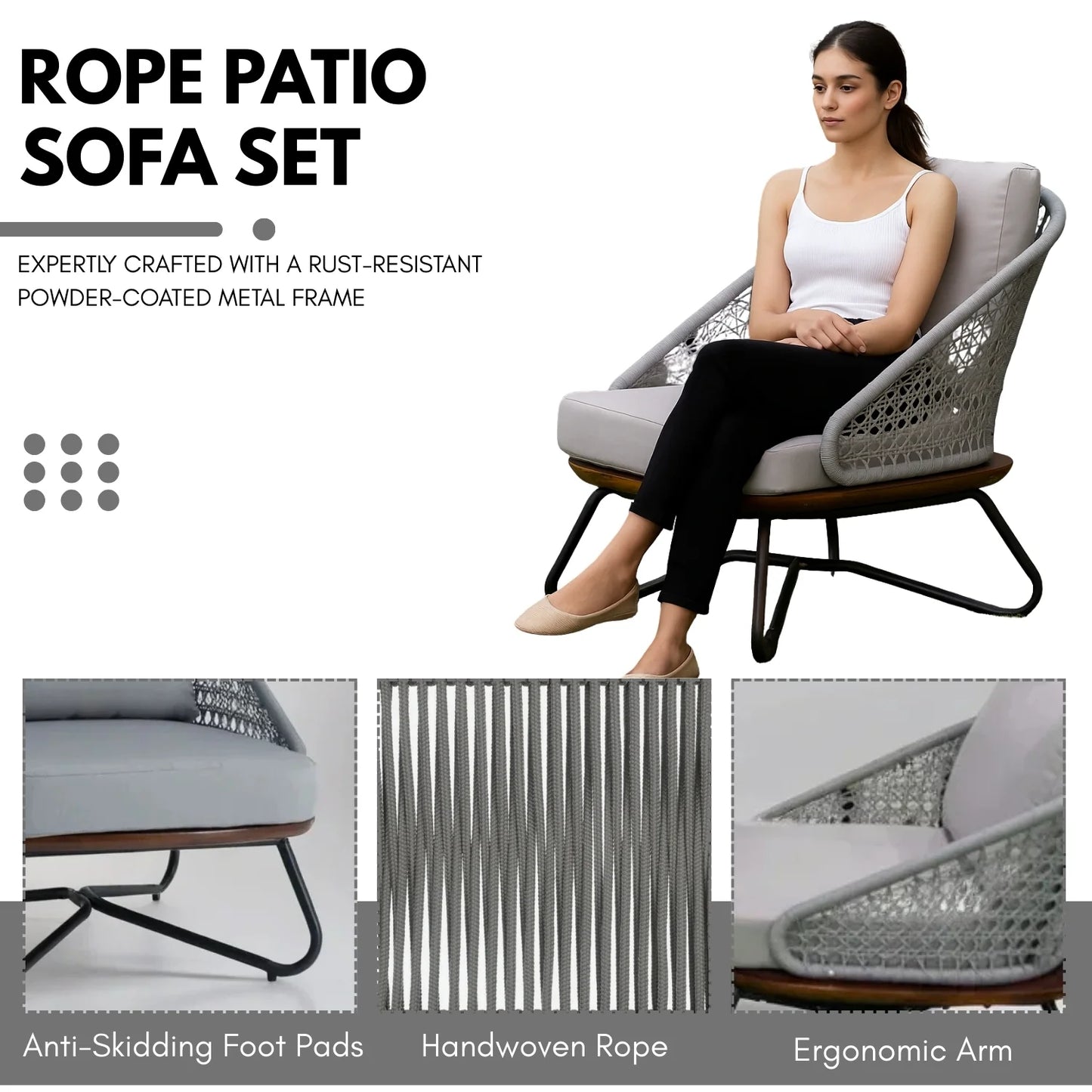 Zina Outdoor Grey Rope 4-Piece Sofa Set With Wooden Top Table