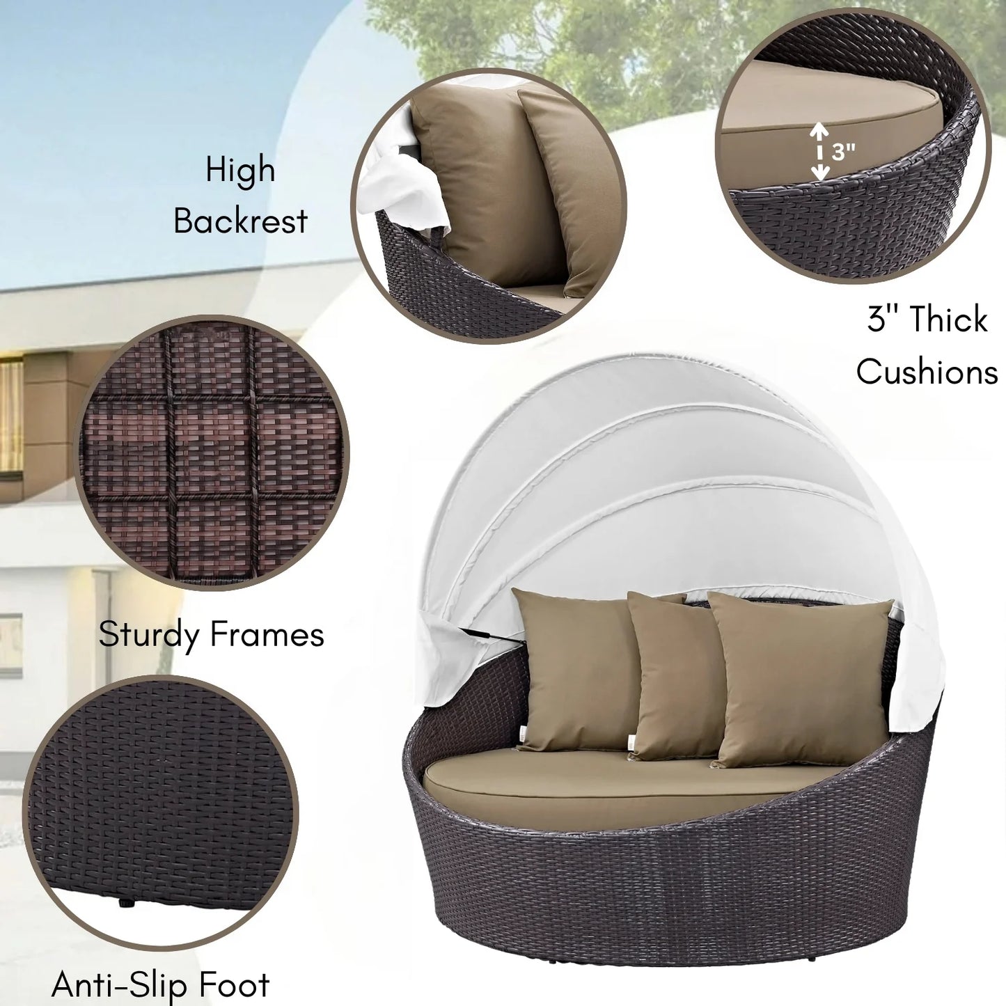 Yetunde Outdoor Rattan Wicker Patio Daybed with Retractable Canopy
