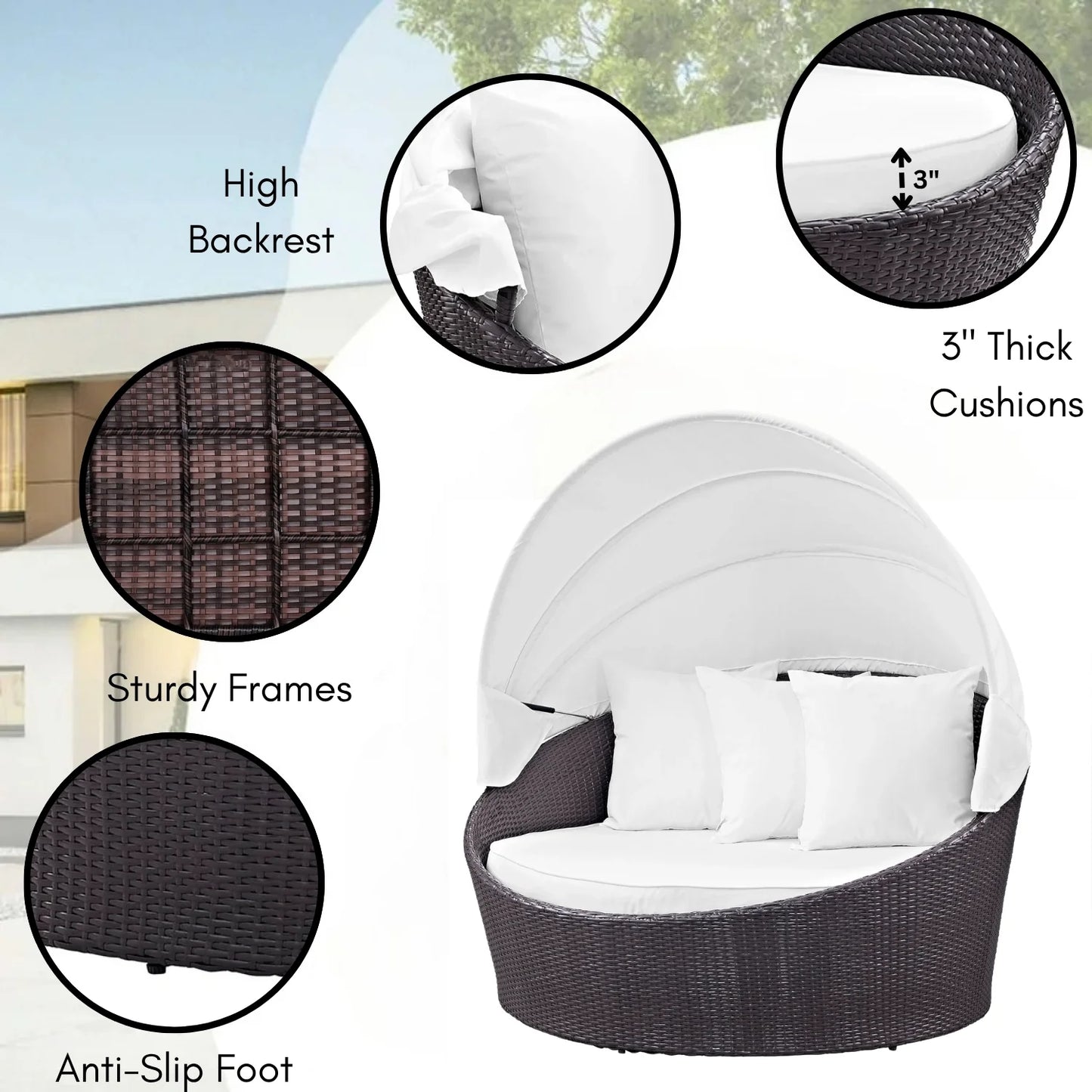 Adama Outdoor Rattan Wicker Patio Daybed with Retractable Canopy