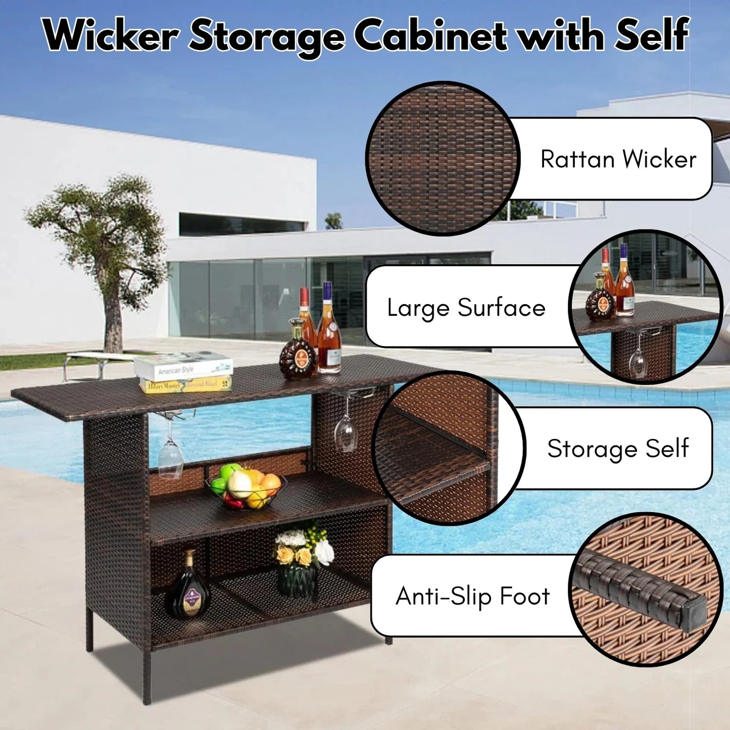 Pilar Outdoor Rattan Wicker Bar Table With Storage Selves