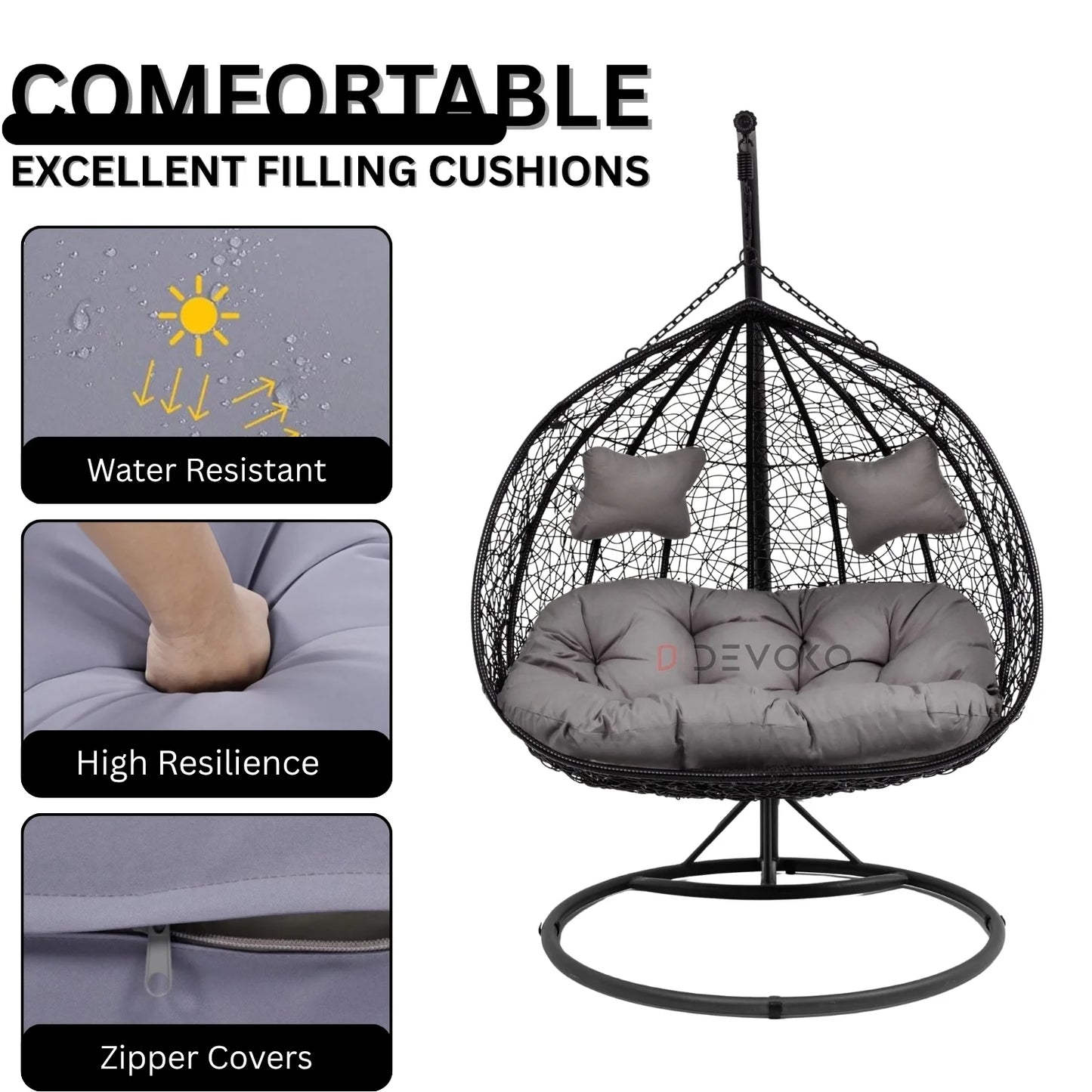 Hua Double Seater Rattan & Wicker Swing (Black & Grey)