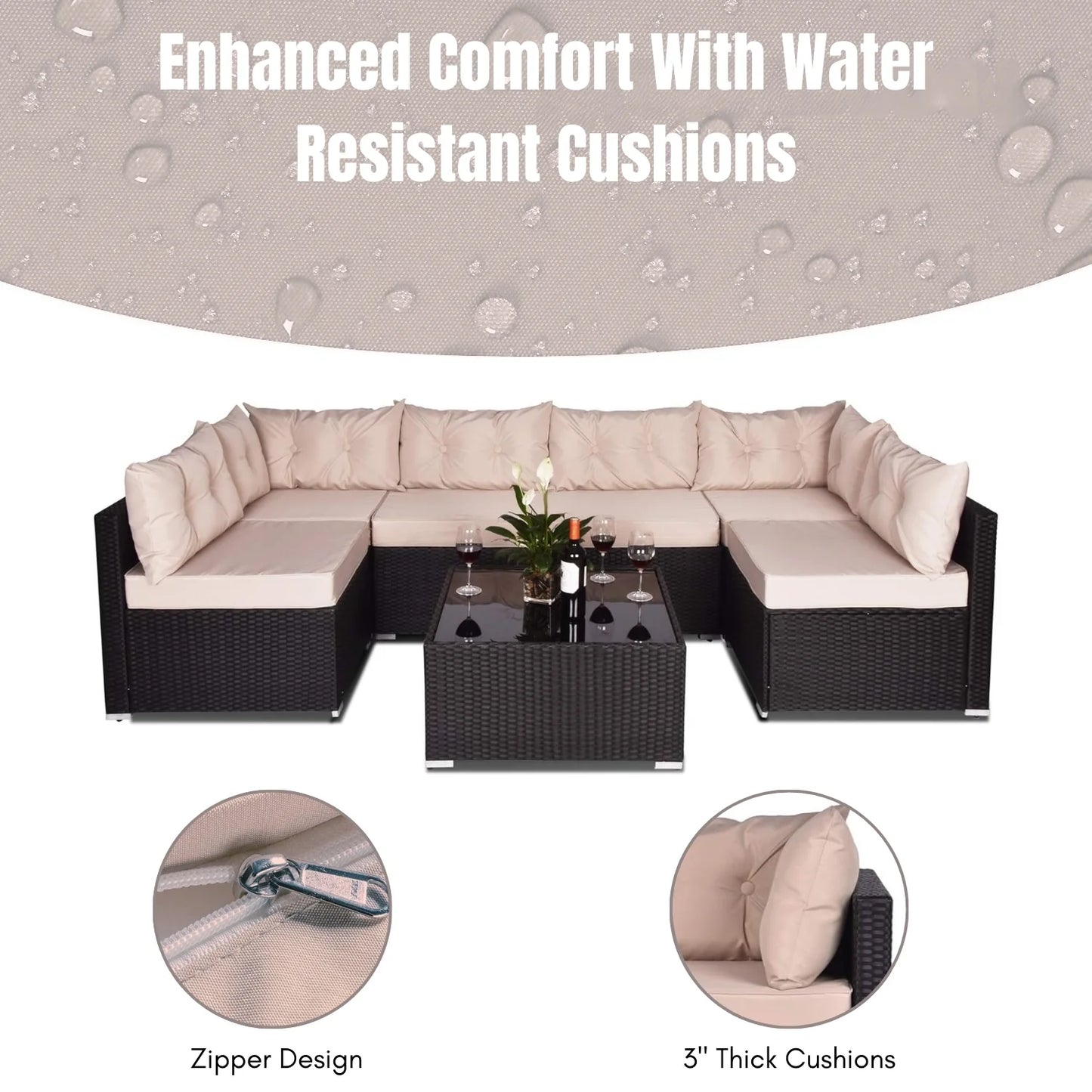 Odessa 6-Seater Outdoor Garden Conversation Sofa Set (Dark Brown & Cream)