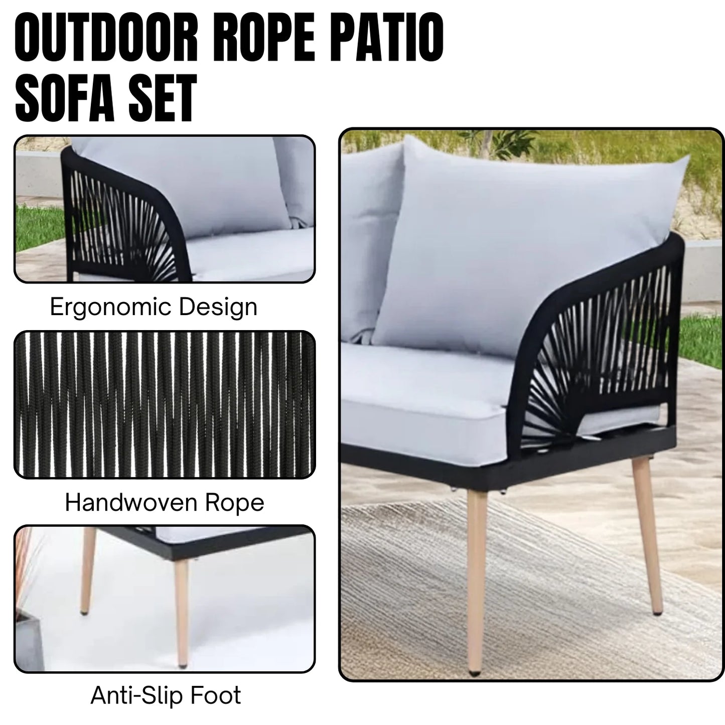 Kinsley L-Shape 5 Seater Outdoor Patio Rope Conversation Set with Table