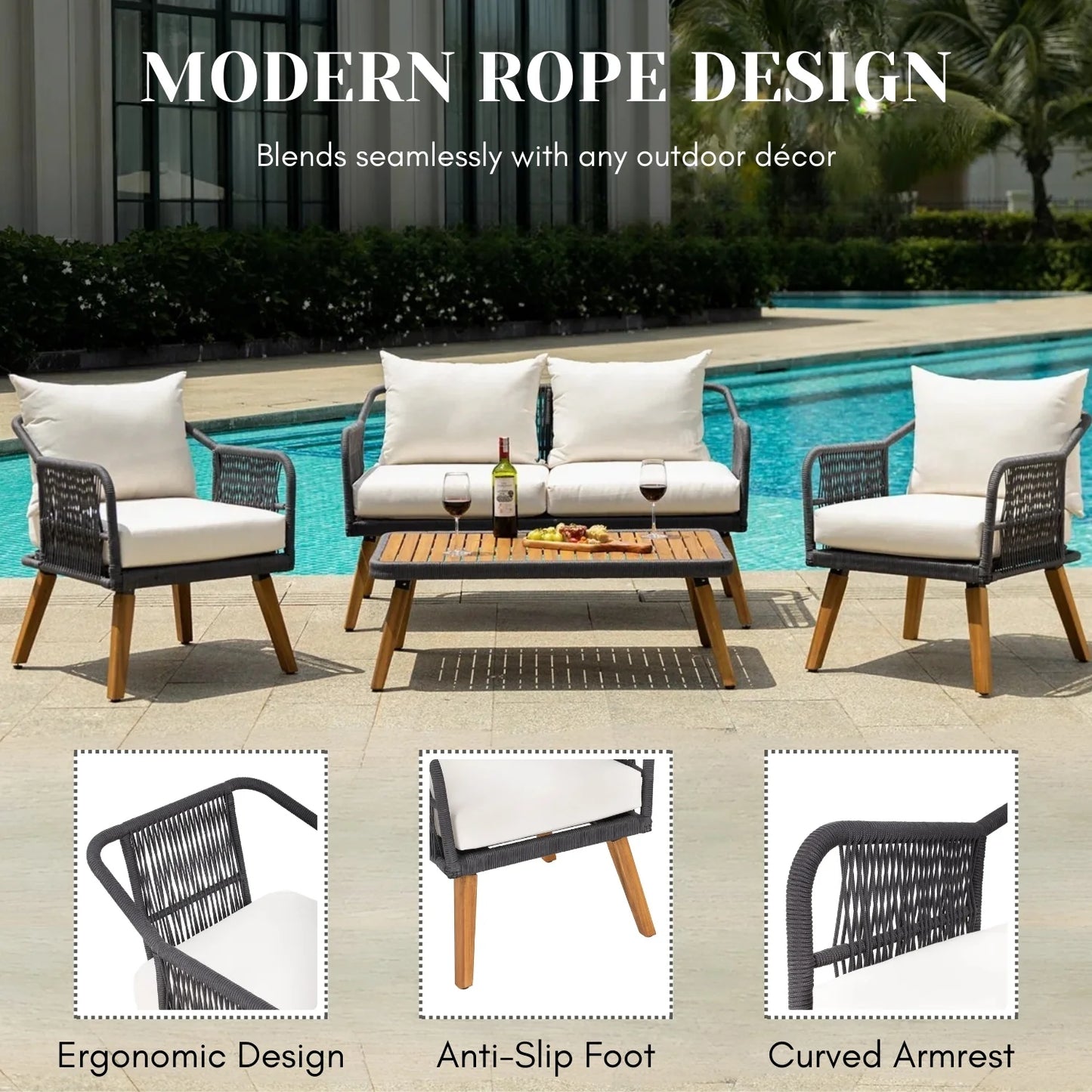 Adriana 4-Piece Outdoor Rope Patio Furniture Set with Wood-Top Table