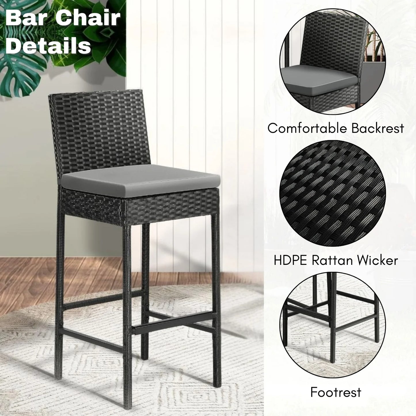 Flor 5-Piece Outdoor Rattan Wicker Bar Set with Glass Top Table