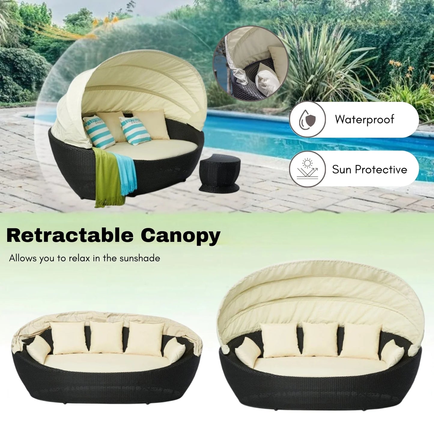 Fadwa Outdoor All-Weather Wicker Patio Daybed with Retractable Canopy