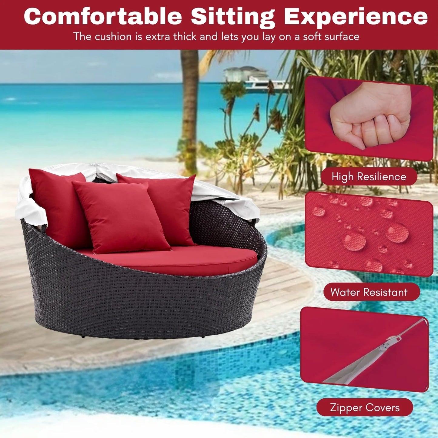 Zikora Outdoor Rattan Wicker Patio Daybed with Retractable Canopy