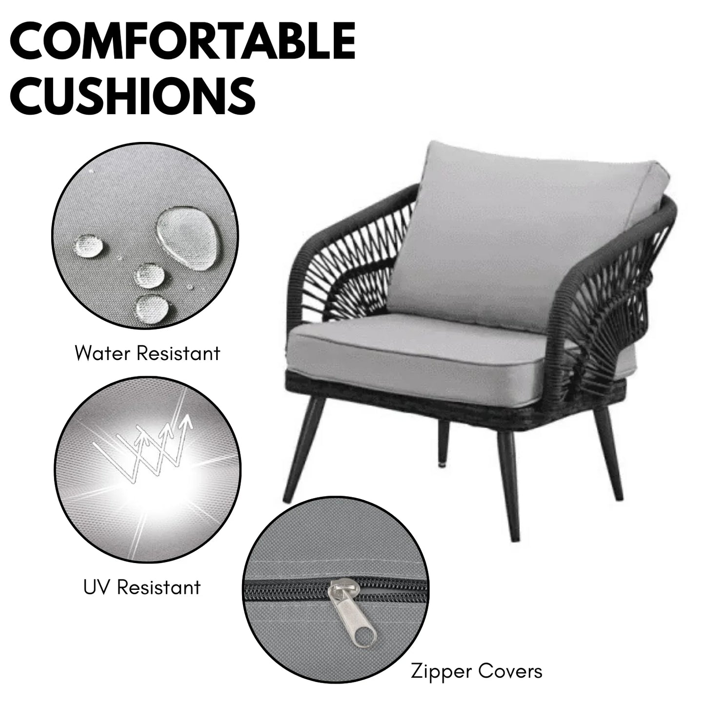 Presley Outdoor Rope 4-Piece Patio Sofa Set with Glass Top Table (Black/Light Grey)