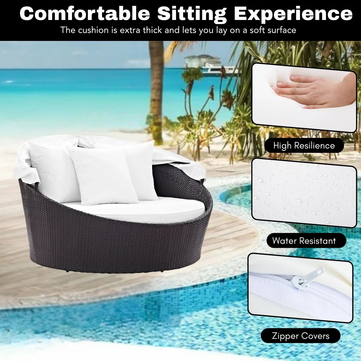 Adama Outdoor Rattan Wicker Patio Daybed with Retractable Canopy
