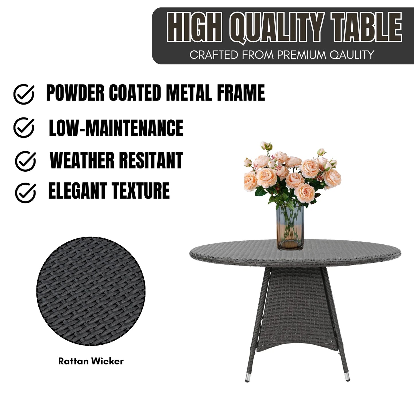 Rokia Outdoor Rattan Wicker Round Patio Table (Black)