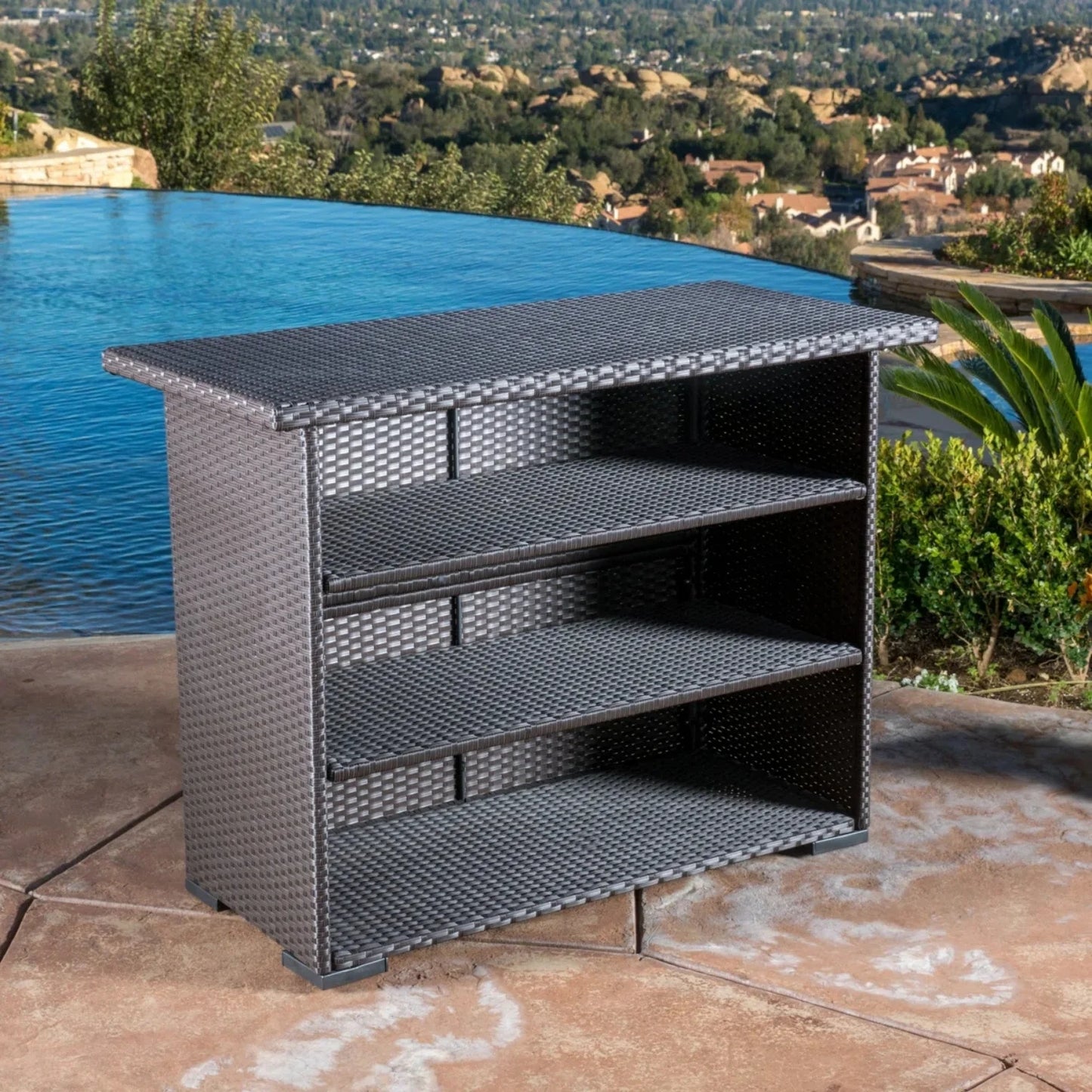 Rocio Outdoor Rattan Wicker Bar Table With Storage Selves