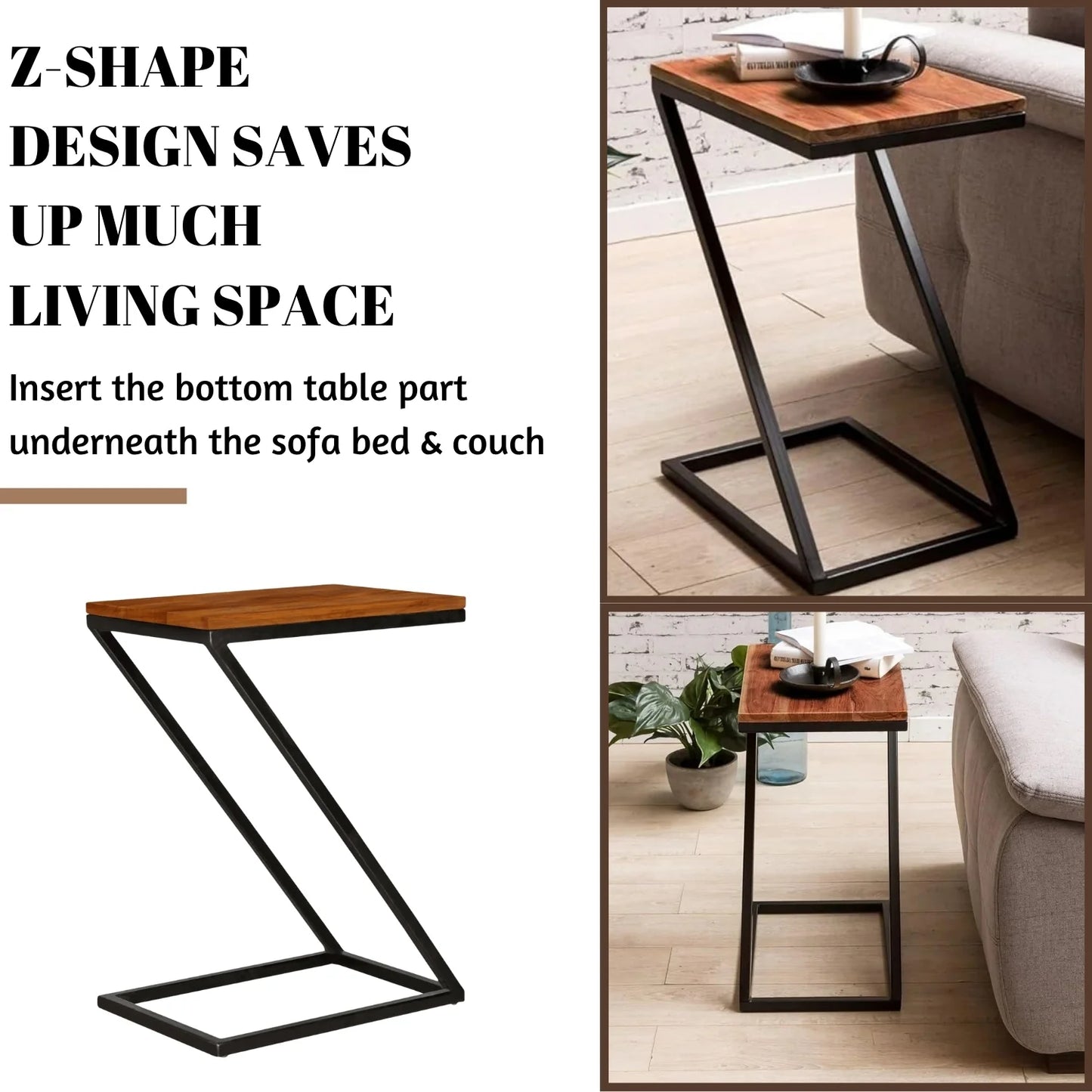 Solid Sheesham Wood Bedside Z-Shape Corner Side Small Coffee Table