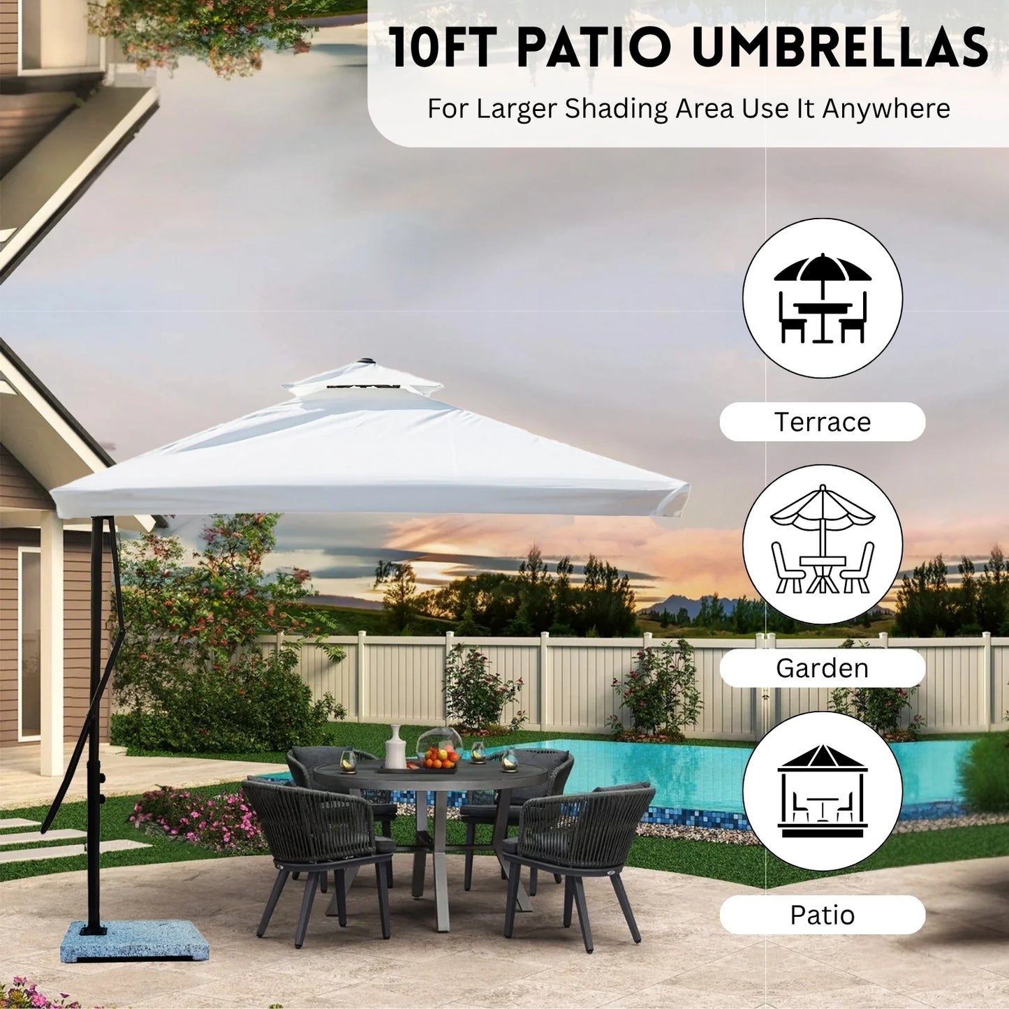 Eshwari 10ft Side Pole Square Shape Outdoor Umbrella With Marble Base (White)