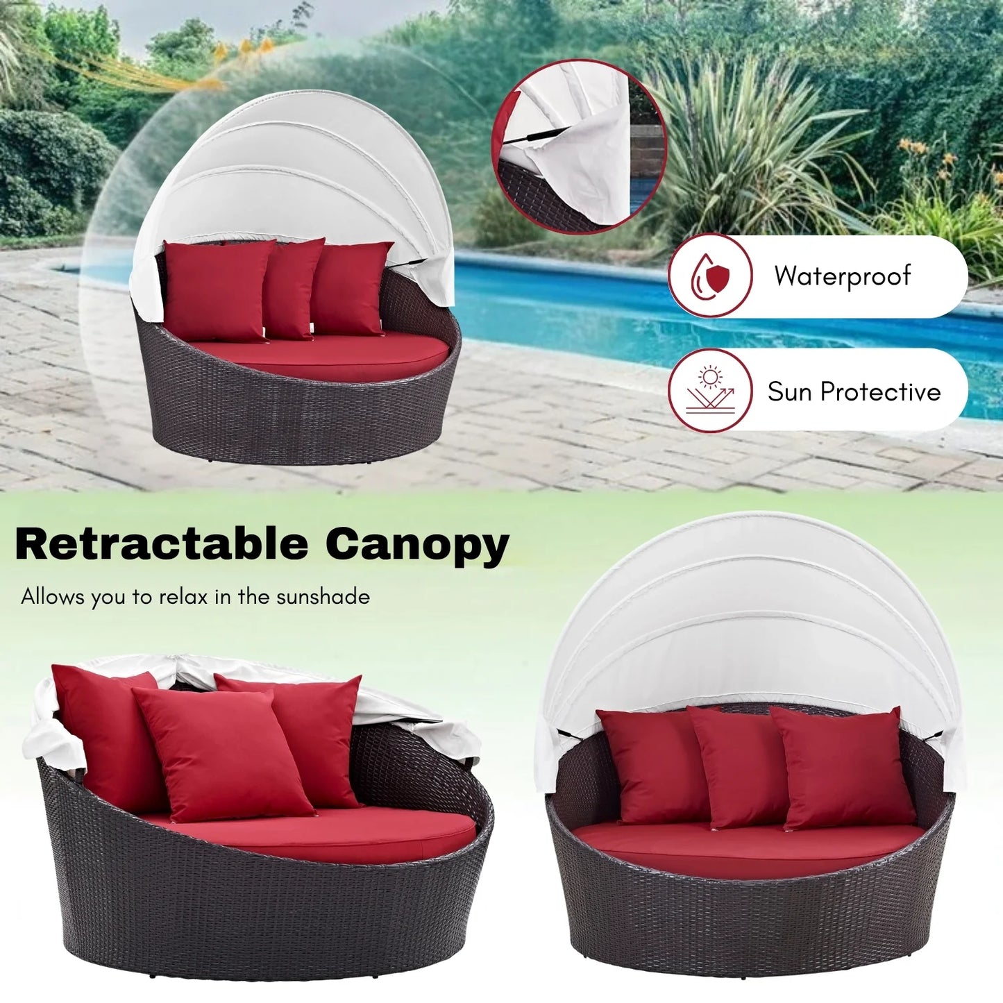 Zikora Outdoor Rattan Wicker Patio Daybed with Retractable Canopy