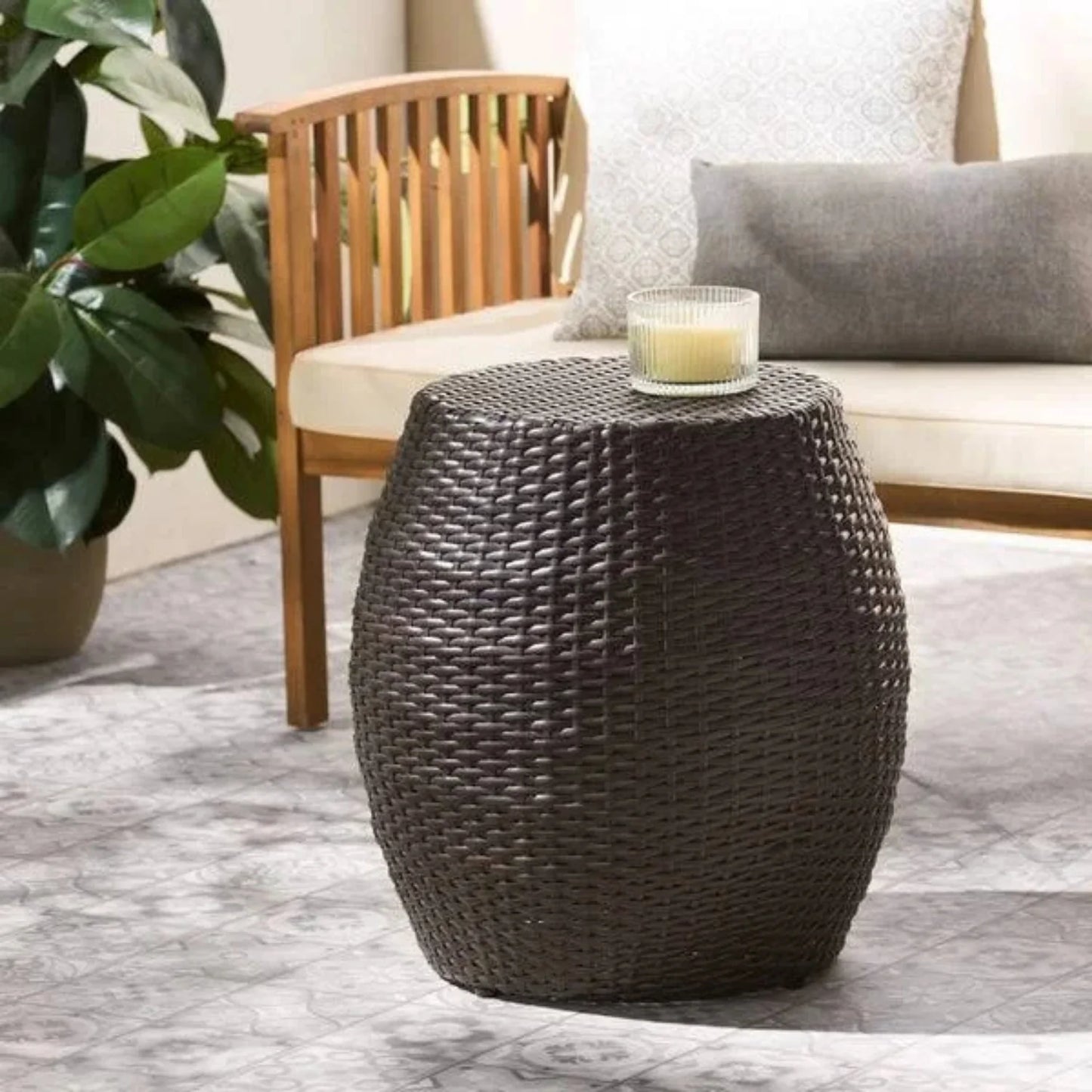 Yui Dark Brown Rattan Damru Accent Table for Patio